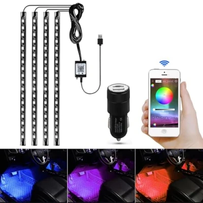 Abbildung von AIGUOZER Auto LED Innenbeleuchtung, 4x18 Fußraumbeleuchtung mit APP Innenraum Ambientebeleuchtung Mehrfarbig Musik Streifen Atmosphäre Licht USB Port und Fernbedienung