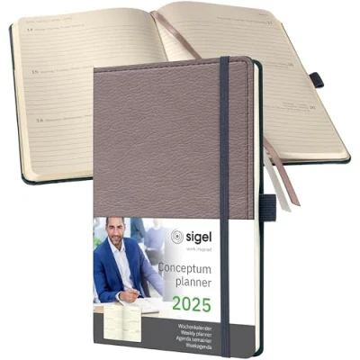 Abbildung von SIGEL C2551 Terminplaner Wochenkalender 2025, Lederoptik, ca. A5, taupe, Hardcover, 192 Seiten, Gummiband, Stiftschlaufe, Archivtasche, aus nachhaltigem Papier, Conceptum
