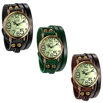 Abbildung von JewelryWe 3pcs Herren Damen Armbanduhr, Leder Armband Wickelarmband, Casual Retro, Analog Quarz Uhr, Vintage grünes Digital Zifferblatt, 3 Farben
