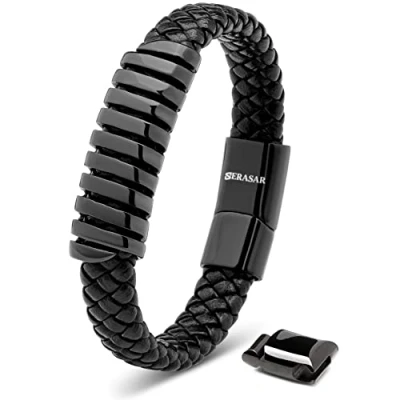 Abbildung von SERASAR Armband Jungen 17cm Schwarz Männer Leder Armreif Herren Lederband Herrenarmreif Armschmuck Schmuck Armkette Flecht Wickelarmband Kette Leather
