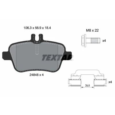 Abbildung von TEXTAR 2484805 Bremsbelagsatz inkl. Verschleißwarnkontakt mit Bremssattelschrauben Zubehör MERCEDES BENZ: A Class, CLA Estate, Coupe