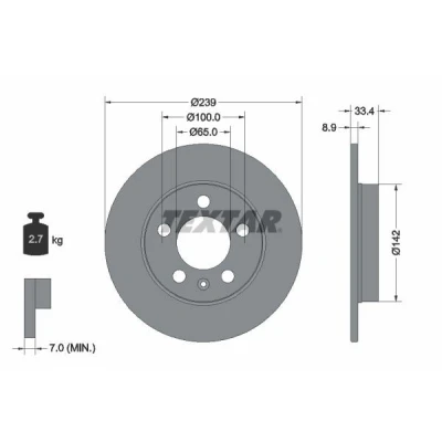 Abbildung von TEXTAR PRO 92105803 Bremsscheibe 239 8,9 05/06 100 voll beschichtet ohne Radbefestigungsbolzen, Radnabe VOLKSWAGEN: Golf 4, 4 Variant