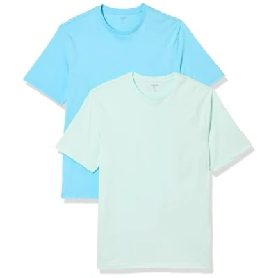 Abbildung von Amazon Essentials Herren Kurzärmliges T Shirt mit Rundhalsausschnitt in normaler Passform, 2er Pack, Aquablau/Hellblau, L