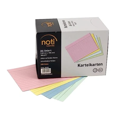 Abbildung von Karteikarten A6, 148 x 105mm liniert, farbig sortiert, 400 Stück in praktischer Spenderbox, für Vokabeln, als Lernkarten, Moderationskarten, Büro und Schule 180g/m²