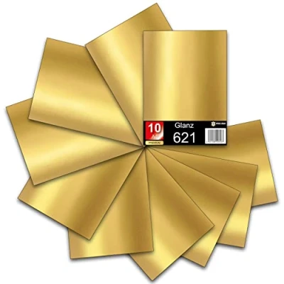 Abbildung von Din A4 Bögen je 29,7x21cm 621/631 Selbstklebende Plotterfolie im Set Folie Vinyl zum Plotten DIY Bastelfolie Sticker Beschriftungen Aufkleber (Gold glanz, 10er Set)