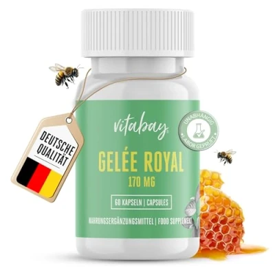 Abbildung von Vitabay Gelée Royal 170mg 60 Kapseln von Imkern als Weiselfuttersaft oder Königinnenfuttersaft bezeichnet Hochdosiert Bioverfügbar Pharmaqualität