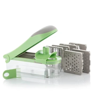 Abbildung von InnovaGoods 7 in 1 Gemüseschneider, Mandoline und Reibe mit Zubehör, Multifunktional, Rutschfeste Füße, Edelstahl, Grün, 27,5 x 8,5 11,5 cm
