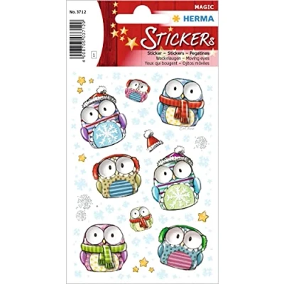 Abbildung von HERMA 3712 Aufkleber Eulen klein groß, 9 Stück, Wackelaugen Tiere Sticker mit lustigen Eule Vogel Motiv, Kinder Etiketten für Fotoalbum Weihnachten Winter Tagebuch Scrapbooking Geburtstag Deko Basteln