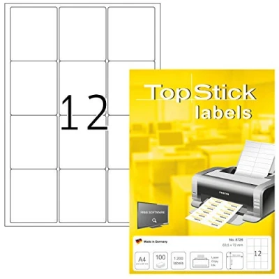 Abbildung von TopStick 8726 Universal Etiketten, 100 Blatt, 63,5 x 72 mm, 12 pro A4 Bogen, 1200 Stück, selbstklebend, bedruckbar, matt, blanko Papier Klebeetiketten Aufkleber, weiß