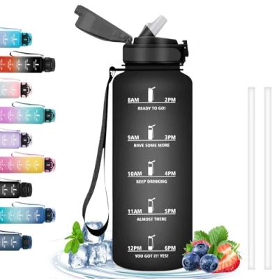 Abbildung von Trinkflasche, Trinkflasche 1.5 Liter, mit Strohhalm, Fitnessstudio Motivierendem Slogan, Leicht zu Reinigen, Wasserflasche für Camping, Outdoor, Wandern, Running, Schwarz