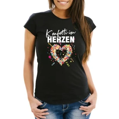 Abbildung von MoonWorks® Damen T Shirt Fasching Karneval Konfetti im Herzen Kostüm Ersatz Verkleidung Funshirt Frauen schwarz L