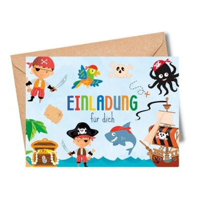 Abbildung von MeinBaby123® 10 Einladungskarten Kindergeburtstag Piraten Geburtstagseinladungen für Jungs inkl. Briefumschläge Premium Qualität (Piraten V2)