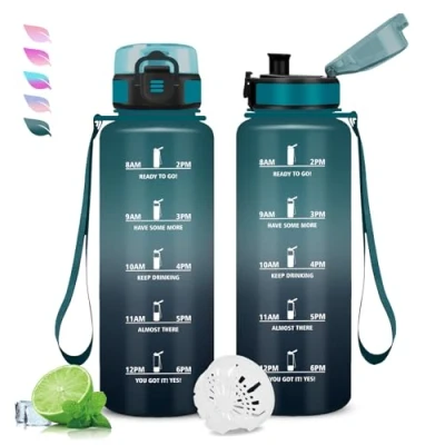 Abbildung von Trinkflasche 1.5 liter Sport, Wasserflasche Auslaufsicher, mit Zeitmarkierung, Filter, Kohlensäure Geeignet, Leicht zu Reinigen, für Fitness, Fahhrad, Running, Gym