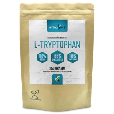 Abbildung von aminopure® L Tryptophan Pulver pur per Fermentation aus Mais gewonnen 100% vegan und ohne Zusätze schadstoffgeprüft im Labor 250 Gramm