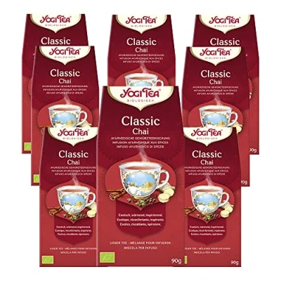 Abbildung von Yogi TEA, Classic Chai, Ayurvedischer Bio Gewürzteevon Natur aus koffeinfrei, Mischung Zimt, Kardamom und Ingwer, Tee loser Tee, 8er Pack à 90g (720g), Ideal als Geschenk