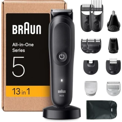 Abbildung von Braun All in One Series 5 Groomingset 13 1, Nasenhaartrimmer, ultrascharfe Klinge, Rasierer Herren Elektrisch, Body Rasierer, Barttrimmer und Haarschneider, Körpertrimmer, AIO5565, Schwarz