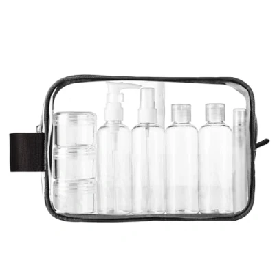 Abbildung von MOCOCITO Kulturbeutel durchsichtig und 8 Stück Reiseflasche Set (max.100ml) Plastikbeutel für Flüssigkeiten zugelassen (20x20cm) nach EU&amp;UK HandgepäckbestimmungenKulturtasche