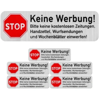 Abbildung von Briefkastenaufkleber &quot;Keine Werbung&quot;, 6 Stück, 67 x 21 mm, selbstklebende Folie in Edelstahl Optik, Briefkastenschild für Innen und Außenbereich, Keine Reklame Aufkleber, Klebeschild gegen Werbung