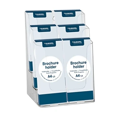 Abbildung von Europel Prospekhalter mehrfach, aus glasklarem, recyclebarem Polystyrol, Format 1/3 A4, 6 Fächer, auch zur Wandmontage geignet, Außenmaße 232x320x150 mm, Fülltiefe pro Fach 35mm