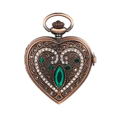 Abbildung von JewelryWe Taschenuhr Damen Vintage Analog Quarz Herz Blau Strass Augen Blumen Muster Uhr mit Halskette Kette Pocket Watch