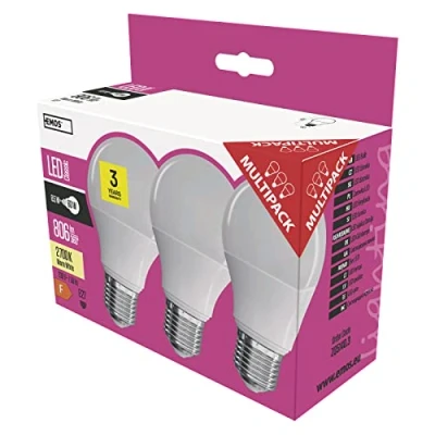 Abbildung von EMOS LED Lampe 3er Pack / A60 A+ 9 W/ersetzt 60 W Glühbirne E27 Sockel/Lichtleistung 806 Lumen/Warmweiß 2700 Kelvin 30000 Stunden Lebensdauer, Glas, Transparent, 15,2 x 6 11,2 cm