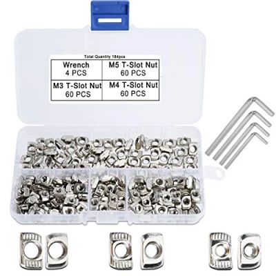 Abbildung von QIMEI SHOP Nutensteine M3 M4 M5 Hammermutter T Nut Muttern Hammerkopfmutter Kohlenstoffstahl mit 4 Inbusschlüssel für 20 Serie Aluminiumprofile Extrusionsschlitz 184 Stück