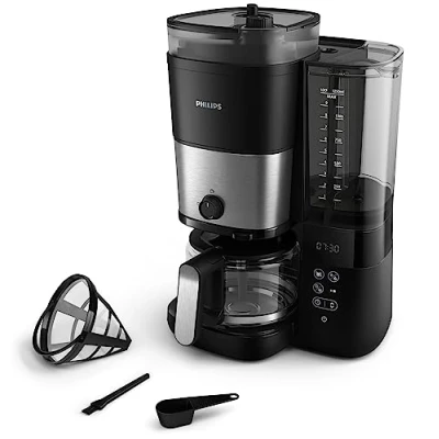 Abbildung von PHILIPS All in 1 Filterkaffeemaschine integriertes Kegelmahlwerk für frisch gemahlenen Kaffee Duo Bohnenbehälter, 1,25 L Glaskanne, individuelle Einstellung der Intensität (HD7900/50)