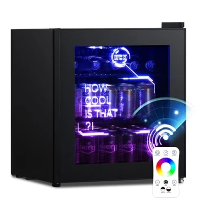 Abbildung von HCK 48L Mini Kühlschrank mit Glastür Leise 39dB, Cyberpunk Getränkekühlschrank Fernsteuerbaren RGB LED Lichtern, Flaschenkühlschrank, Fridge 0 15C für Gaming Deko, Minibar, Schwarz