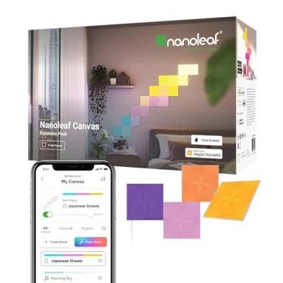 Abbildung von Nanoleaf Canvas Erweiterungspack, 4 zusätzliche LED Lichtquadrate Smarte Modulare WLAN RGBW Panels, 16 Mio. Farben Wandleuchte Innen, Musik &amp; Bildschirm Sync, Funktioniert mit Alexa