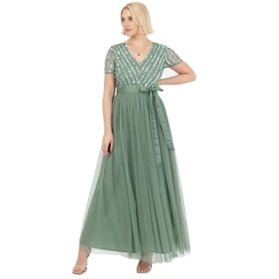 Abbildung von Maya Deluxe Damen Maxi Dress for Women Ladies Bridesmaid V Neck Ball Gown Short Sleeves Long Elegant Empire Waist Wedding Brautjungfernkleid, Tiefes Minzgrün, 42