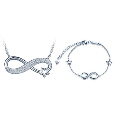 Abbildung von Yumilok 925 Sterling Silber Damen Halskette Armkette Kette mit Unendlichkeit Infinity Anhänger Stern Zirkonia Armband Armreifen Schmuck Set für Frauen Mädchen