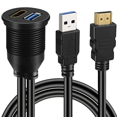 Abbildung von USB 3.0 &amp; HDMI zu + USB3.0 AUX Extension Dash Panel Wasserdichte Auto Unterputzkabel für Boot und Motorrad 1m