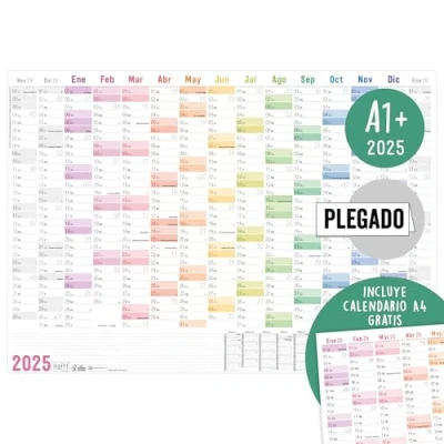 Abbildung von Häfft® XXL Wandkalender 2025 A1+ auf Spanisch (89 x 63 cm) gefalzt &quot;&quot; + gratis A4 Jahresplaner, Wandplaner mit französischen Feiertagen nachhaltig &amp; klimafreundlich