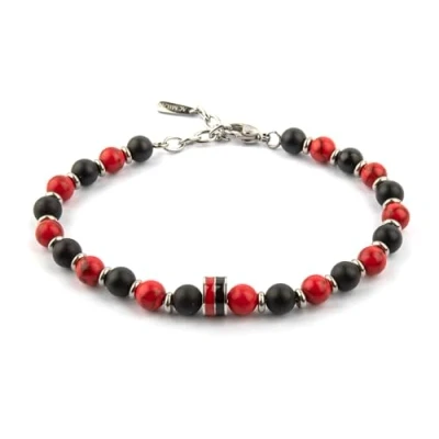 Abbildung von AC Milan LOWELL Armband aus Stahl und Natursteinen, für Herren, Schwarz Rot, Einheitsgröße, Taglia Unica, Stein, Kein Edelstein