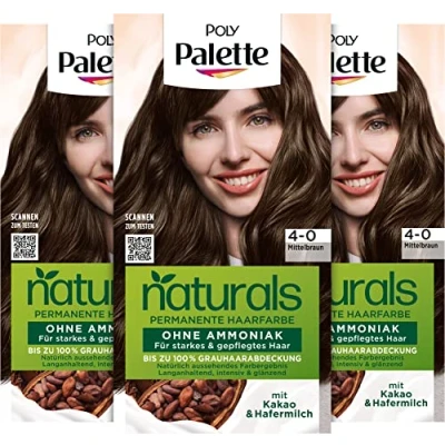 Abbildung von Palette Naturals Permanente Haarfarbe 4 0 Mittelbraun (3 x 115 ml), pflegende ohne Ammoniak, Coloration für bis zu 100 % Grauabdeckung