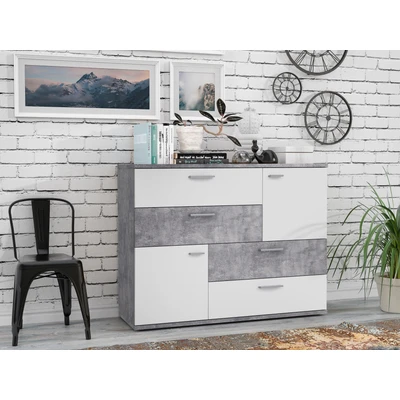 Abbildung von FORTE Skive Kommode mit 2 Türen und 4 Schubladen, Holzwerkstoff, Betonoptik Lichtgrau / Weiß, 124.9 x 41.3 95.9 cm