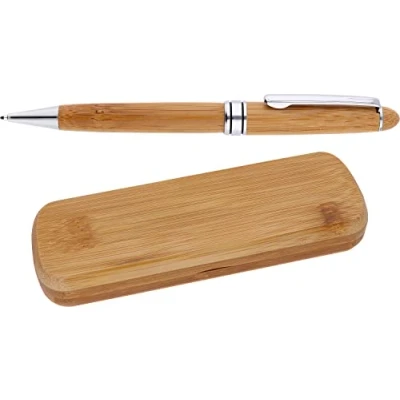 Abbildung von MPM Quality Holzkugelschreiber in Bambus Box, umweltfreundlich, Eco Friendly, eleganter Holz/Metall Stift, Holzkiste, Helles Holz/Glänzend Silber, blaue Tinte