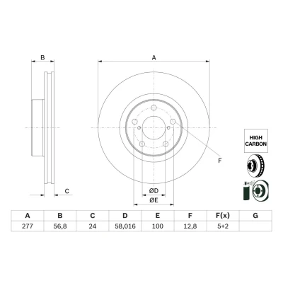 Abbildung von BOSCH 0 986 479 E69 Bremsscheibe 277 24 5 100 Belüftet beschichtet hochgekohlt SUBARU: Forester II, Impreza II Saloon, III Hatchback