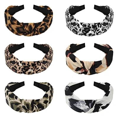 Abbildung von Belle Vous Haarband Leopardenmuster Breites Oberteil Kreuz Knoten Damen Turban Stirnbänder Mädchen (6er Pack) Geknotetes Elastisches Bohemian Haarbänder Frauen 6 Designs