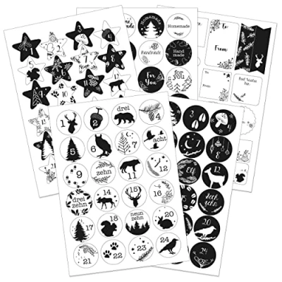 Abbildung von Papierdrachen Geschenkset Adventskalender Zahlenaufkleber Motiv Schwarz Weiß mit extra Stickern für Geschenke zum Basteln von Weihnachtskalendern und Geschenken