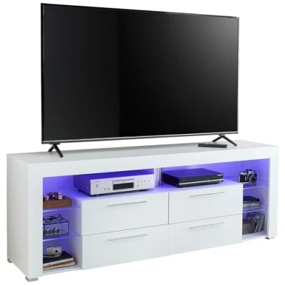 Abbildung von Stella Trading GOAL TV Lowboard in Hochglanz Weiß mit blauer LED Beleuchtung hochwertiges Board viel Stauraum für Ihr Wohnzimmer 179 x 67 44 cm (B/H/T)