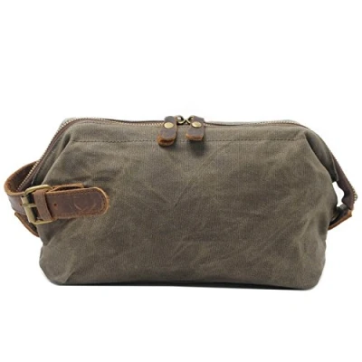 Abbildung von Neuleben Kulturtasche Wasserdicht Vintage Canvas Leder Damen Herren Kosmetiktasche Kulturbeutel für Reise Urlaub (Grün)
