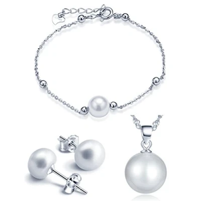 Abbildung von Yumilok Damen Halskette Ohrstecker Armkette mit Perlen Anhänger Schmuck Set Kette Ohrringe 925 Sterling Silber für Mädchen