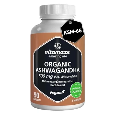Abbildung von Ashwagandha Kapseln hochdosiert KSM 66® min. 5000mg reines aus 500mg Extrakt (10 15:1), 5% Withanolide, 90 vegane für 3 Monate mit Wurzelextrakt, hoch bioverfügbar