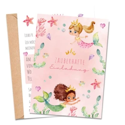 Abbildung von MeinBaby123® 10 Einladungskarten Kindergeburtstag Mädchen Geburtstagseinladungen für Kinder Meerjungfrau inkl. Briefumschläge Premium Qualität (Meerjungfrau V2)