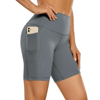 Abbildung von CRZ Yoga Naked Feeling Damen Kurze Leggings High Waist Radlerhose Fitness Sporthose mit Taschen 15cm Dunkler Kohlenstoff 38