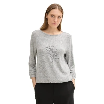 Abbildung von TOM TAILOR Damen 1043103 Cozy Longsleeve mit Schriftzug, 21373 Medium Silver Grey Melange, Small
