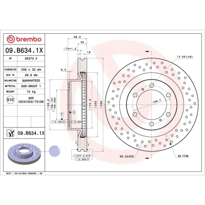Abbildung von BREMBO Bremsscheibe TOYOTA: Land Cruiser Prado 150, 4Runner Off Road 338mm 32mm 6 gelocht/innenbel. beschichtet 09.B634.1X 4351260190,4351260191