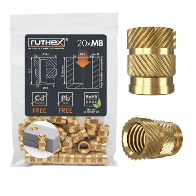 Abbildung von ruthex M8 Gewindeeinsatz 20 Stück RX M8x12.7 Gewindebuchsen aus Messing stabile Einpressmutter für Kunststoffteile durch Wärme oder Ultraschall in 3D Druck Teile Kunststoff einsetzbar