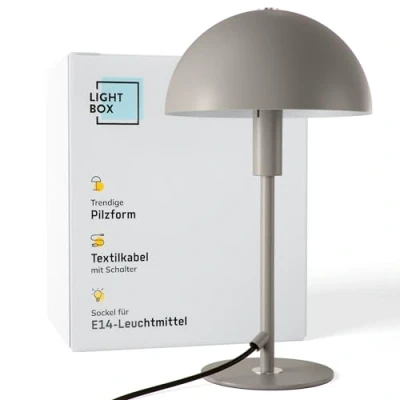 Abbildung von Lightbox Pilz Tischlampe Home Office Schreibtischlampe mit Wipp Schalter LED Lampe (E14 Fassung) als Nachttischlampe, Büro und Schreibtisch Zubehör aus Metall in Taupe/Grau